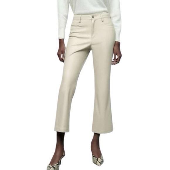 Zara Pants - Zara Ivory Ecru Vegan Leather High Waist Cropped Flared Pant - 4